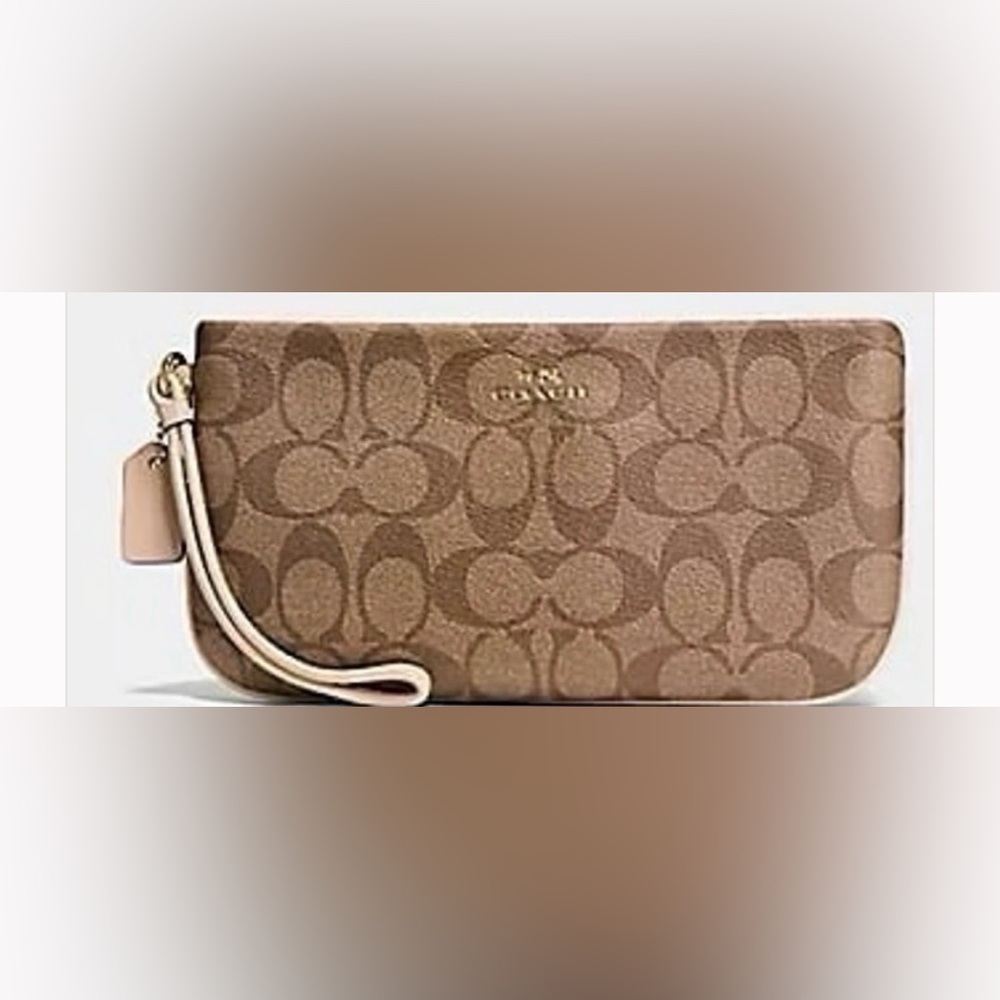 Nwot 💚Auth Coach Signature Large Top Zip Wristlet Wallet Khaki/Platinum - Picture 4 of 8